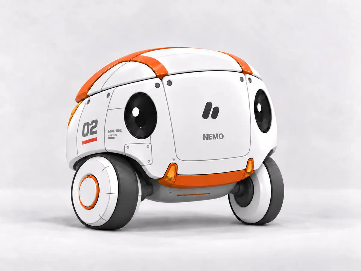 modelog の相棒キャラクター NEMO。白とオレンジの二輪の小さなロボット